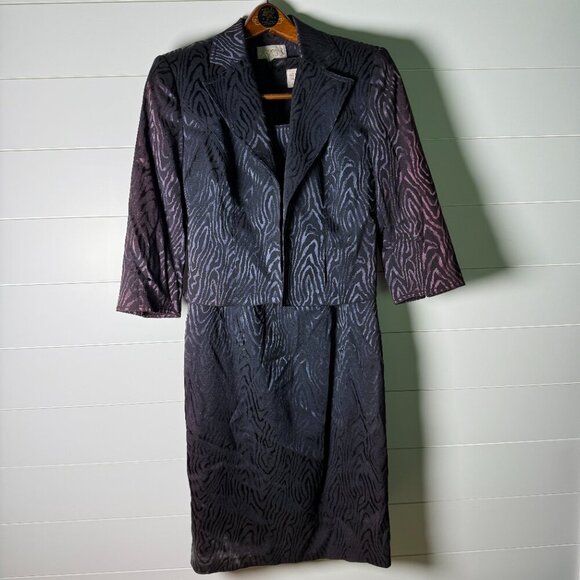 Alberto Makali Sheath Print Cocktail Dress with Jacket Size 6 Black Purple